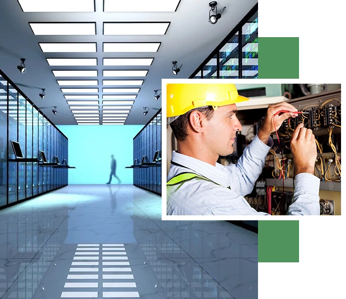 A man in hard hat and safety vest looking at an electrical box.